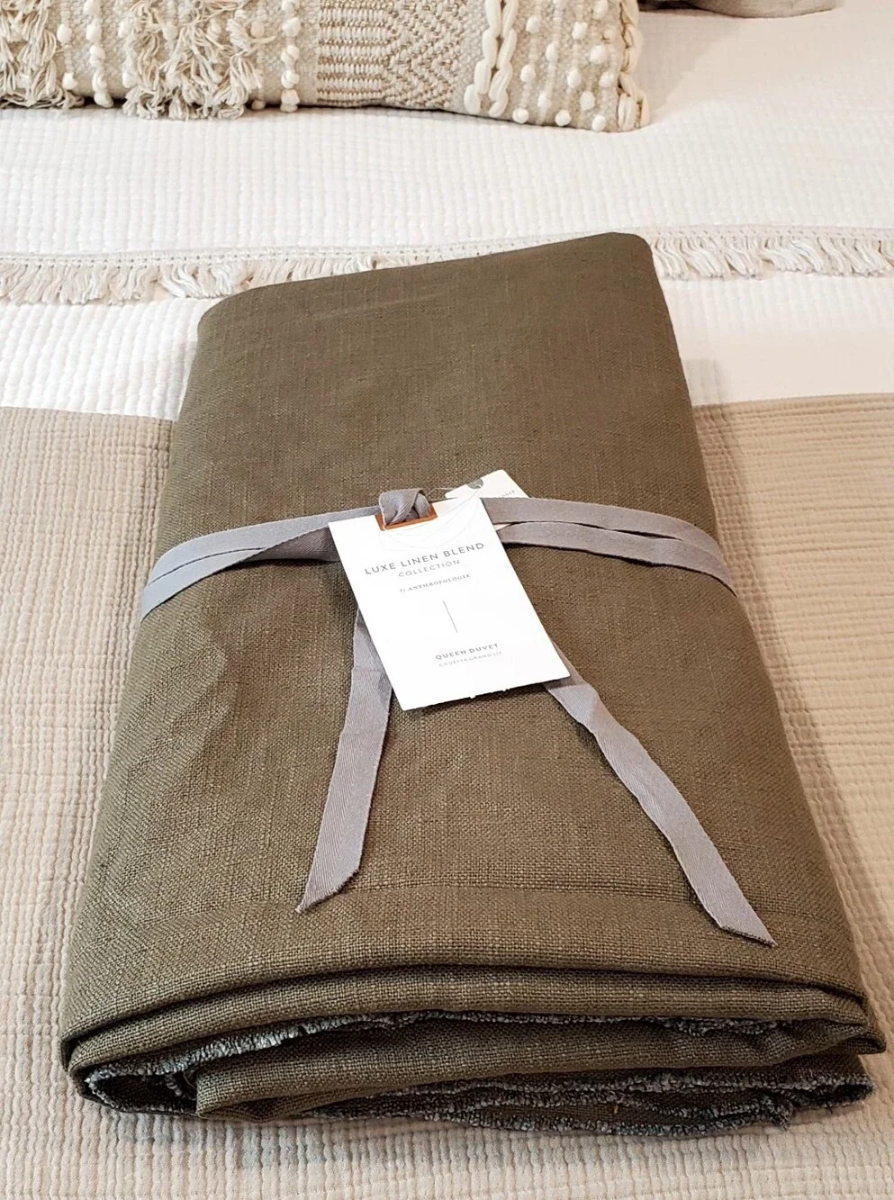 Anthropologie Olive Luxe Linen Blend Queen Duvet Cover, Frey Edges, Queen, NWT